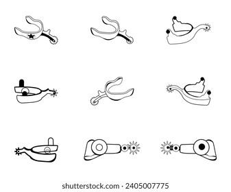 Cowboy Spurs Vector Illustration Set With Clip Art White Background And Cowboy Spurs Isolated Symbol. Cowboy Boot American, Footwear Footwear, Silhouette Cartoon Outline With Black White Background.