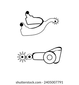Cowboy Spurs Vector Illustration Set With Clip Art White Background And Cowboy Spurs Isolated Symbol. Cowboy Boot American, Footwear Footwear, Silhouette Cartoon Outline With Black White Background.