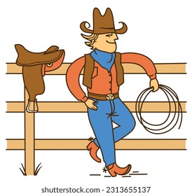 Cowboy standing on fence. Vector colored farm rodeo illustration with horse saddle isolated on white.