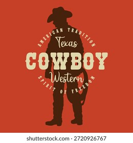 Un vaquero parado contra un fondo audaz. La figura representa el espíritu de libertad en el salvaje oeste. La cultura vaquera es parte de las tradiciones de Texas y de la herencia occidental.