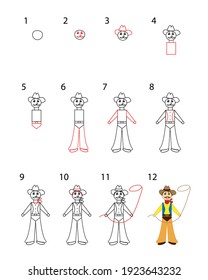 Cowboy - instrucciones paso a paso para dibujar un personaje de dibujos animados, para colorear, lección para niños. Vector