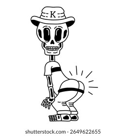 caveira estilo cowboy mostrando butt.black engraçado e branco ilustração crânio