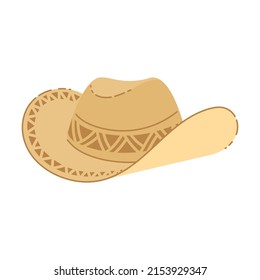 cowboy stylish straw hat for men, vector illustration. Summer designs of yellow hat with wide brims, clothes for farmers isolated on white back