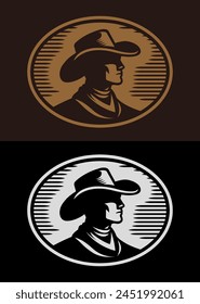 Cowboy stylized silhouette label belt buckle vector design