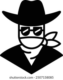 A cowboy with sunglasses and a bandana on his head. He is wearing a black hat and a black shirt
