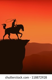 cowboy at the sunset cliff vector illustration