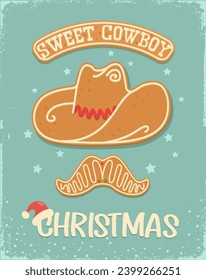 Cowboy sweet Christmas gingerbread cookie vintage card background with christmas text on old paper texture. Christmas gingerbread cowboy hat Howdy Western Xmas baked cookie holiday snow background.