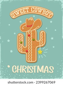 Cowboy sweet Christmas gingerbread cookie vintage card background with cactus, cowboy hat and christmas text on old paper texture. Christmas gingerbread cowboy Howdy Western baked cookie holiday