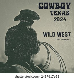 cowboy Texas 2024 wild west heritage cowboy t-shirt design. retro poster, Inferno, epic, Masquerade, cowboy, west, gang mascot, silhouette. Cowboy western and wild west theme. desert vibes text vector