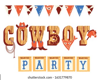 Cowboy text with Western decoration and Wild West elements isolated on white