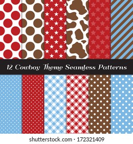 Cowboy Theme Seamless Pattern Pack with Cow Skin Print, Blue, Red and Brown Gingham, Polka Dots, Stripes and Stars Backgrounds. Perfect for kid birthday party! Pattern Swatches made with Global Colors