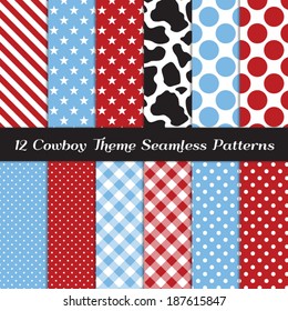 Cowboy Theme Seamless Pattern Pack with Cow Skin Print, Blue, Red, Black and White Gingham, Polka Dots, Stripes and Stars Backgrounds. Pattern Swatches made with Global Colors.