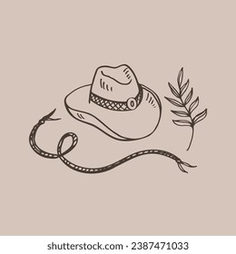 Cowboy theme Wild West concept, western,shepherd life. Hand drawn vector illustration with cowboy boots,lasso, hat. Design element for print t-shirt, paper, logo, card, poster, template, backdrop