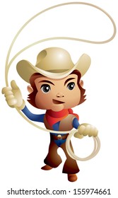 Cowboy throwing lasso, chibi style rodeo mascot, Wild West series vector illustration