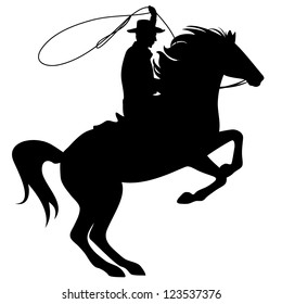 cowboy throwing lasso riding rearing up horse - black silhouette over white svg