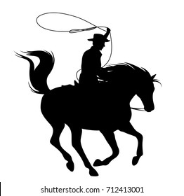 cowboy throwing lasso riding running horse - black vector silhouette over white