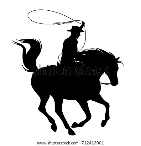 cowboy throwing lasso riding running horse - black vector silhouette over white