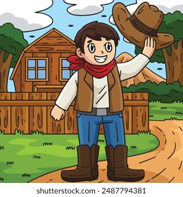 Cowboy Tipping Hat Colored Cartoon Illustration