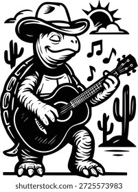 Tortuga de vaquero tocando la guitarra - diseño de la guitarra de la tortuga - arte de la música de la tortuga - diseño animal de la música de la frescura, tortuga occidental del vaquero
