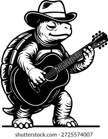 Tortuga de vaquero tocando la guitarra - diseño de la guitarra de la tortuga - arte de la música de la tortuga - diseño animal de la música de la frescura, tortuga occidental del vaquero