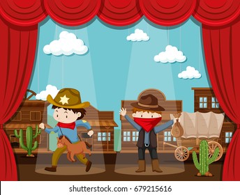 Cowboy town on stage with two kids acting illustration