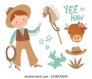 Cowboy with toy horse, lasso and cactus on white background. Set of wild west hand drawn vector illustration.