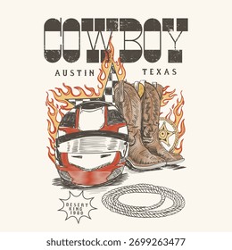 Cowboy T-shirt Design vector graphics. hand drawing cowboy boots, rope, helmet, Fire lessons. vintage line art print design. perfects for tee, sweat, for men women's