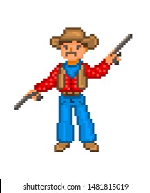 Cowboy with two guns, pixel art character isolated on white background. 8 bit wrangler icon. Old school vintage retro slot machine/video game graphics.