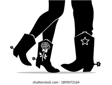 Cowboy Valentine day Country Farm with Couple kissing black silhouette of people legs in Cowboy boots. Vector Love illustration background