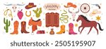 Cowboy vector big set. Wild West concept. Flat hand drawn illustration with hat, horse, sheriff badge, and boots