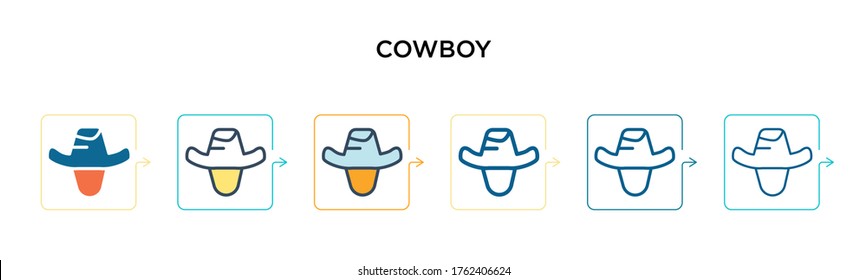 Cowboy-Vektorsymbol in 6 verschiedenen modernen Stilen. Schwarze, zweifarbige Cowboysymbole, die im vollen, Umriss-, Linien- und Strichstil entworfen wurden. Vektorgrafik kann für Web, Mobile, i