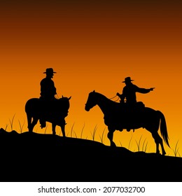 cowboy vector illustration, horse riders on sunset background