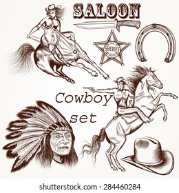 Cowboy vector set west American cowboy, Indian and other