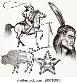 Cowboy vector set west cowboy, Indian and sheriff star