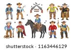 Cowboy vector western cow boy on wildly horse character for rodeo and wild west sheriff in hat illustration wildlife set of cartoon wildwest man with gun isolated on white background