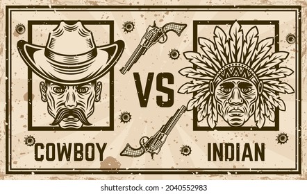 Afiche horizontal de la confrontación de vectores de vectores de vectores indios contra vintage nativo. Grunge texturas y texto en capas separadas