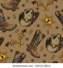 Cowboy vintage colorful seamless pattern with hats and leather boots for equestrians near revolvers and golden sheriff stars vector illustration