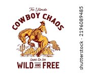 Cowboy vintage hand drawn illustration - cowboy chaos in desert illustration