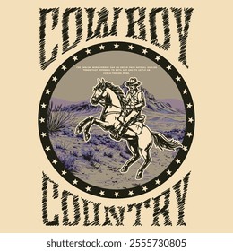  Cowboy Vintage typography wild west texas rodeo western cowboy on horse illustration print artwork for apparel, desert cactus artwork, cowboy vintage print, arizona desert design, western wild west