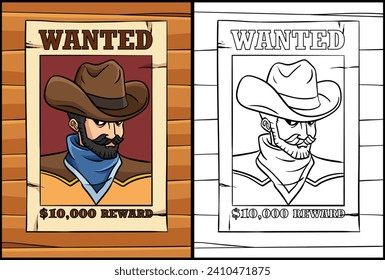 Cowboy Wanted Poster Coloring Page Illustration