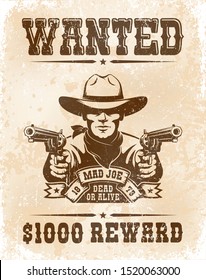 Cowboy Wanted Poster - Vintage Retro Style. Wild West Bandit Wanted Reward Paper. Vector Illustration.