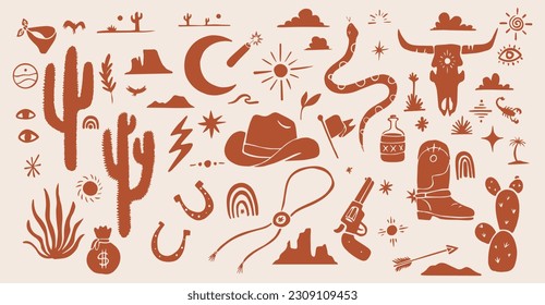 Cowboy Western Boho Cactus Vector Collection Set, Cactus, Cowboy Hat, Snakes, Rainbows, Sun, Mountains