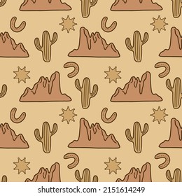 Cowboy Western Boho Cactus Warm Earthy Colors Mountain Nature Seamless Vector Hand Drawn Illustration