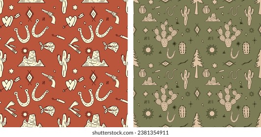 Cowboy Western Boho Cactus Warm Earthy Colors Vector Pattern Set of 2 