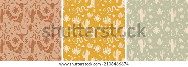 Cowboy Western Boho Cactus Warm Earthy Colors\
Vector Pattern Collection. Different assets Sun, Snake, Cowboy\
boots, bull skull,\
horseshoe\
