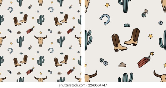 Cowboy Western Boho Nursery Pattern Cactus Cowboy Boots Cute Cartoon Illustration Seamless Vector Hand-Drawn