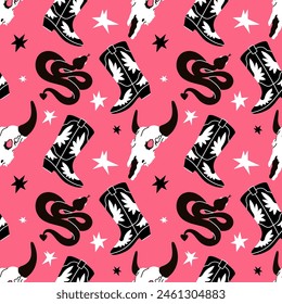 Cowboy western boho pink color vector pattern. Different assets snake, cowgirl boots, bull skull, stars