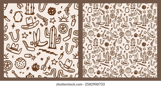 Cowboy Western Boho Vector Pattern illustration. Different assets Sun, Snake, Cowboy boots, revolver, horseshoe