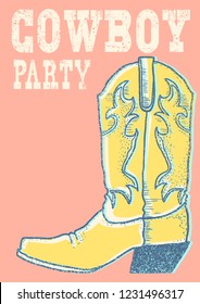 Cowboy western boot on red background.Vector hand drawn graphic illustration for text