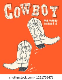 Cowboy western boot on red background.Vector hand drawn graphic illustration for text